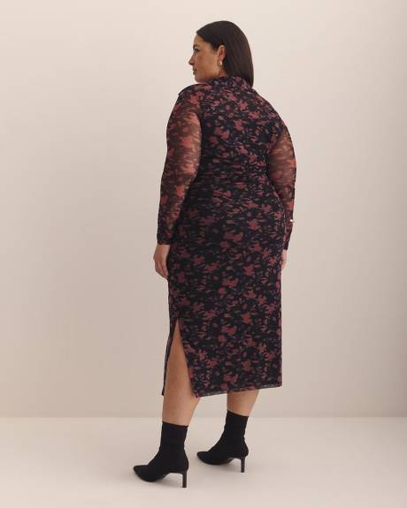 Black Floral Shirt-Collar Mesh Midi Dress - Addition Elle