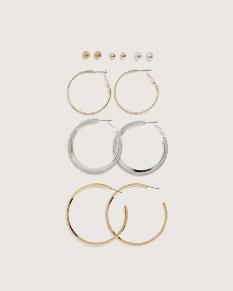 Boucles d'oreilles boutons et anneaux métalliques assorties, ens. de 6