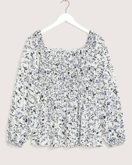 Floral-Print Smocked Square Neck Top