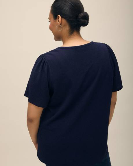 Buttoned Split-Neck Knit Top with Elbow Flutter Sleeves