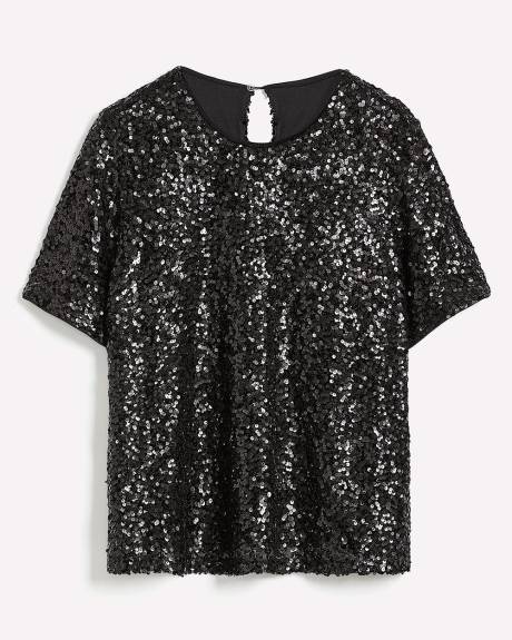 Short-Sleeve Sequins Crewneck Top