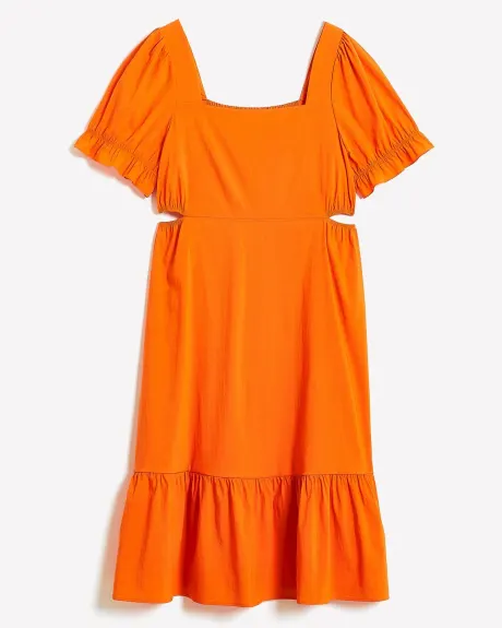 Puff-Sleeve Tiered Midi Dress with Waist Cut-Outs - Addition Elle