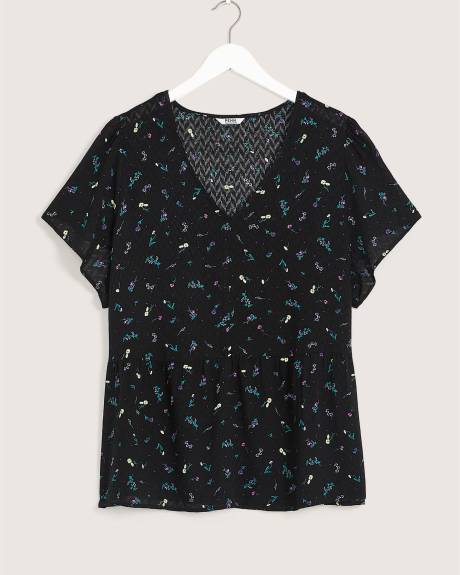 Printed Fit-and-Flare Blouse with Short Flutter Sleeves