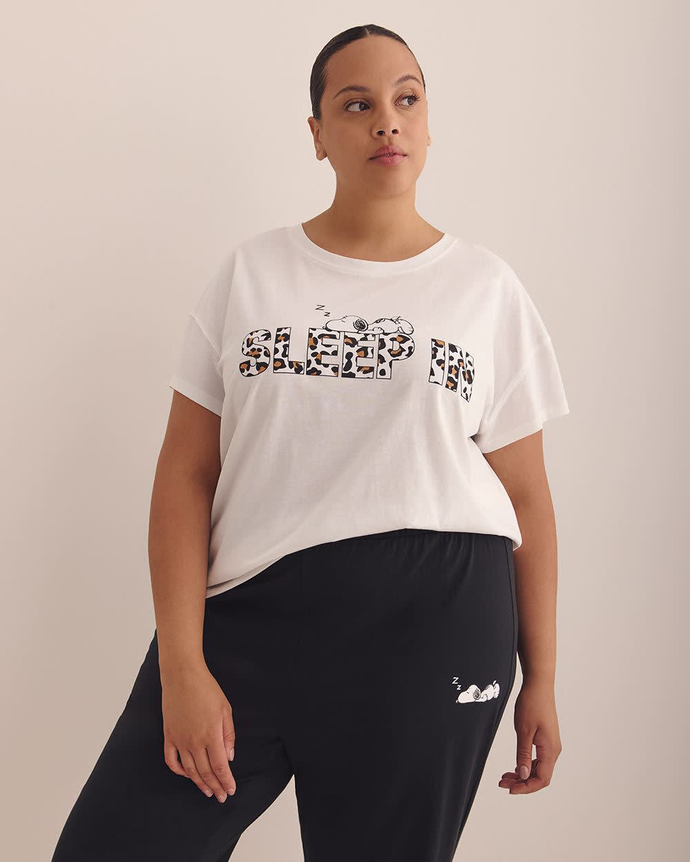 White Snoopy Short-Sleeve Pyjama T-Shirt with Cheetah Text - ti Voglio