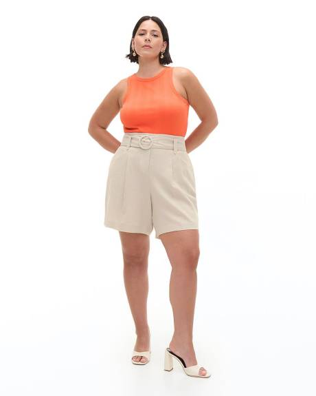 Beige Belted Linen Blend Short - Addition Elle