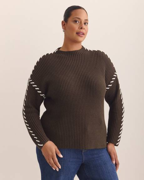 Cotton-Blend Funnel Neck Sweater with Whip Stitch