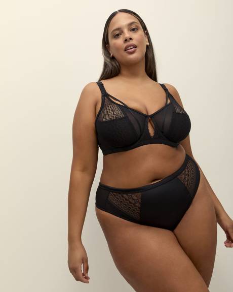 Culotte tanga en satin noir avec dentelle et maille - Déesse Collection