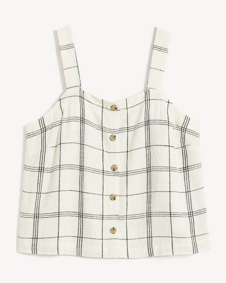 Blouse carreautée avec boutons décoratifs, mélange de lin