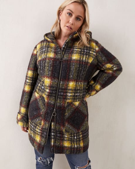 Knee-Length Hooded Plaid Coat - In Every Story