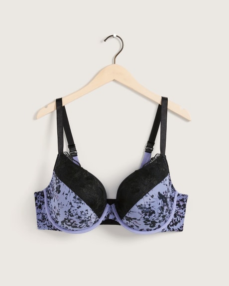 Underwire Plunge Bra with Floral All-Over Print, Embroidery and Mesh - Déesse Collection