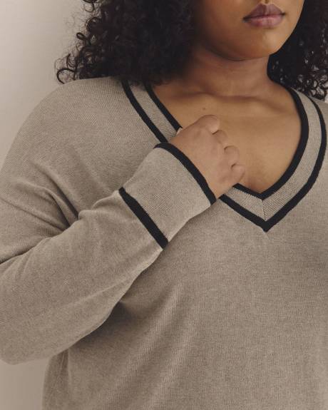 Pull à col en V et manches longues en mélange de coton, tissu responsable