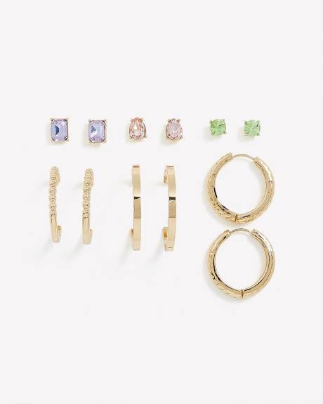 Assorted Golden Hoop & Stone Stud Earrings, Set of 6