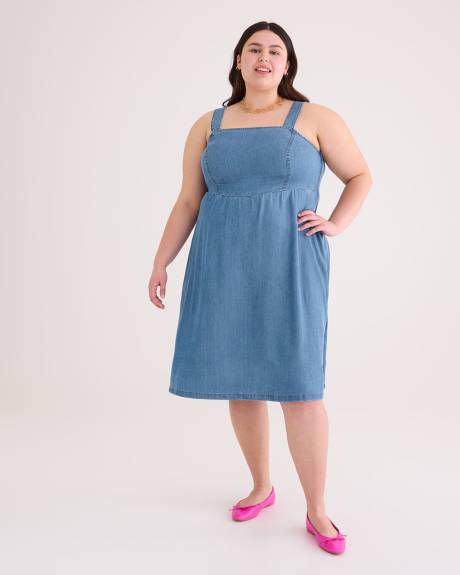 Robe mi-longue évasée sans manches en denim, tissu responsable