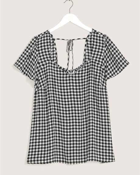 Responsible, Plaid Crepe Blouse with Flutter Sleeves