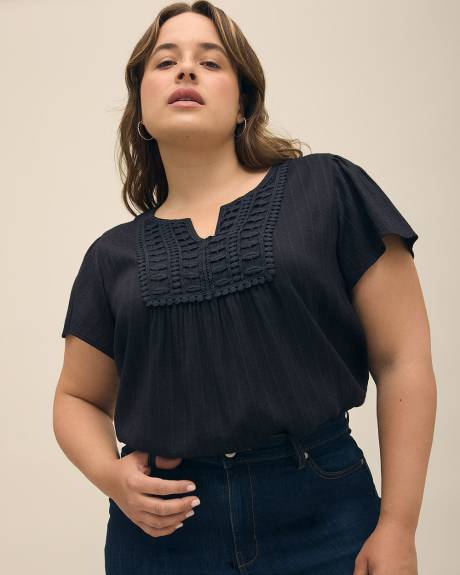 Split-Neck Blouse with Crochet Details