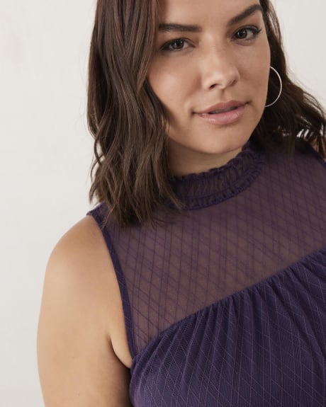 Solid Sleeveless Mesh Top with Mock Neckline