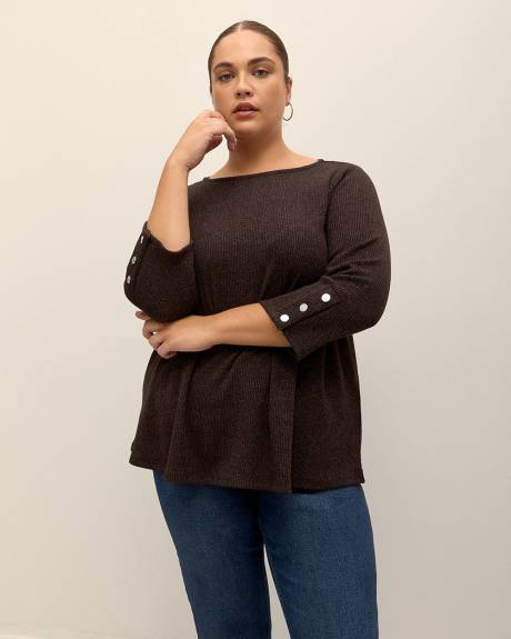 Ribbed Knit Swing Top with Buttons at Sleeves