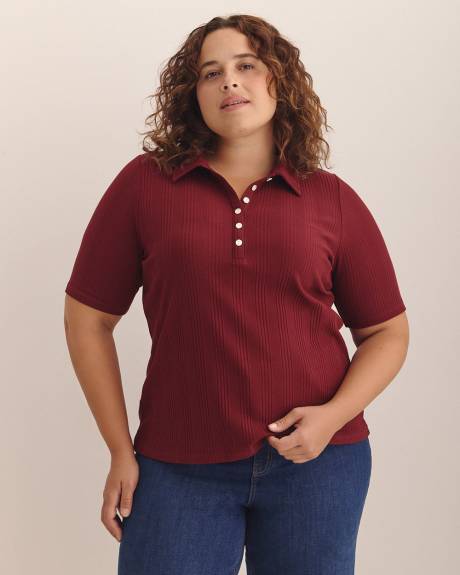 Ribbed Elbow-Sleeve Polo Knit Top