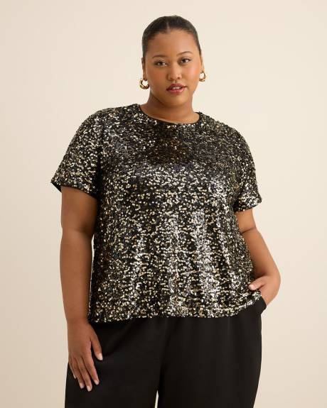Short-Sleeve Sequins Crewneck Top