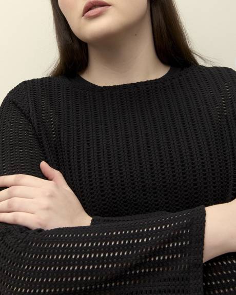 Long-Sleeve Crewneck Crochet Knit Top
