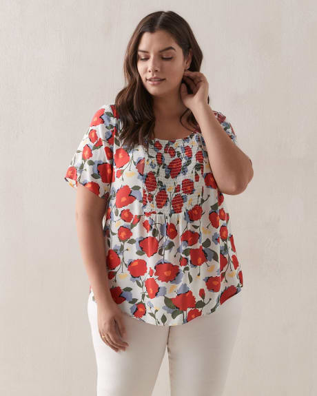 Printed Short-Sleeve Blouse With Front Smocking - In Every Story