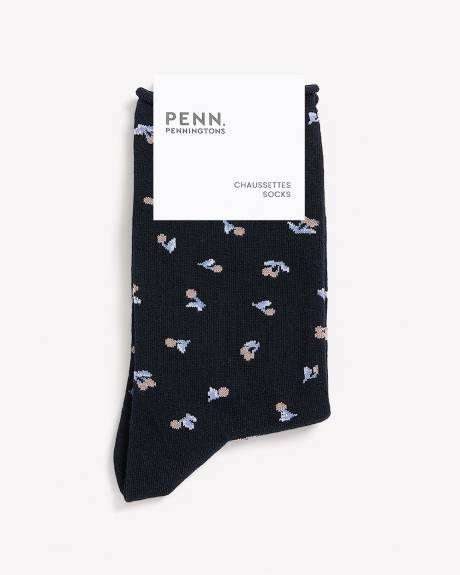 Navy Rolled-Edge Crew Socks with Cherry Print