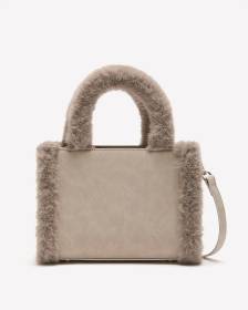 Beige Faux-Suede Handbag with Faux-Fur Trim