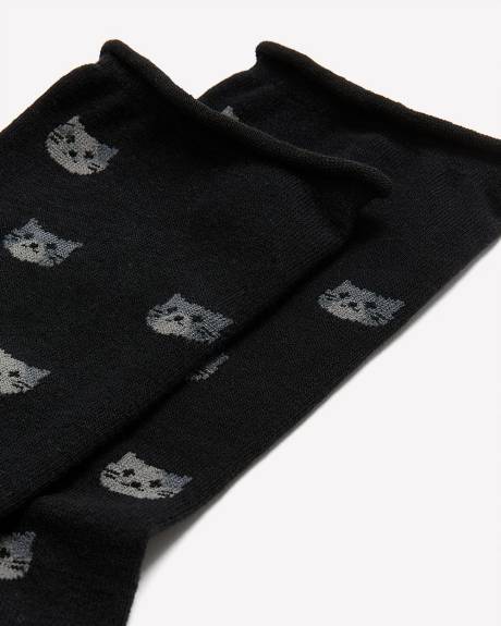Crew Socks with Cat Print and Rolled Edge