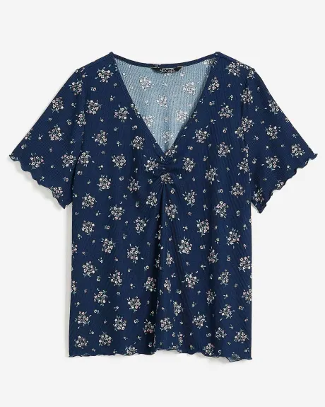 Floral Short-Sleeve Shirring V-Neck Pyjama Top - ti Voglio