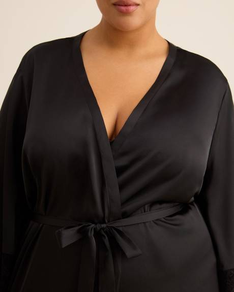 Black Sexy Satin Kimono Robe with Lace Cuffs - Déesse Collection