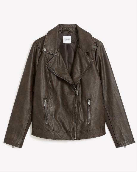 Dark Brown Faux-Leather Moto Jacket