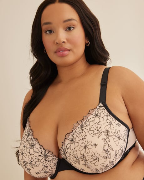 Underwire Padded Plunge Bra with Embroidery - Déesse Collection