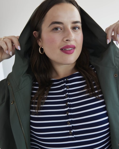Water-Repellent Hooded Coat with High-Low Hem