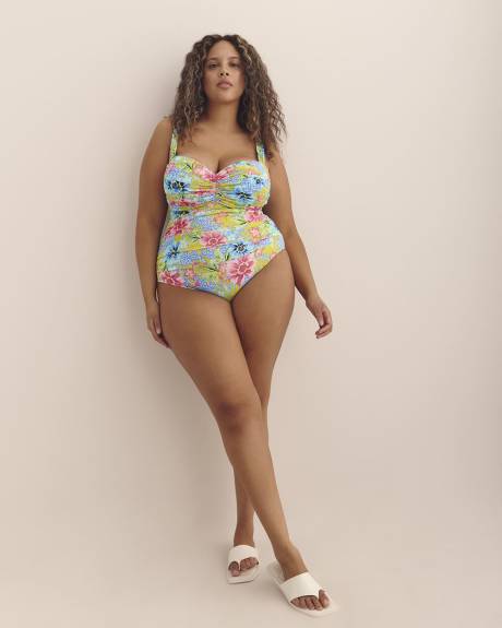 Maillot une-pièce froncé fleuri de style bandeau, avec armatures - Bleu by Rod Beattie