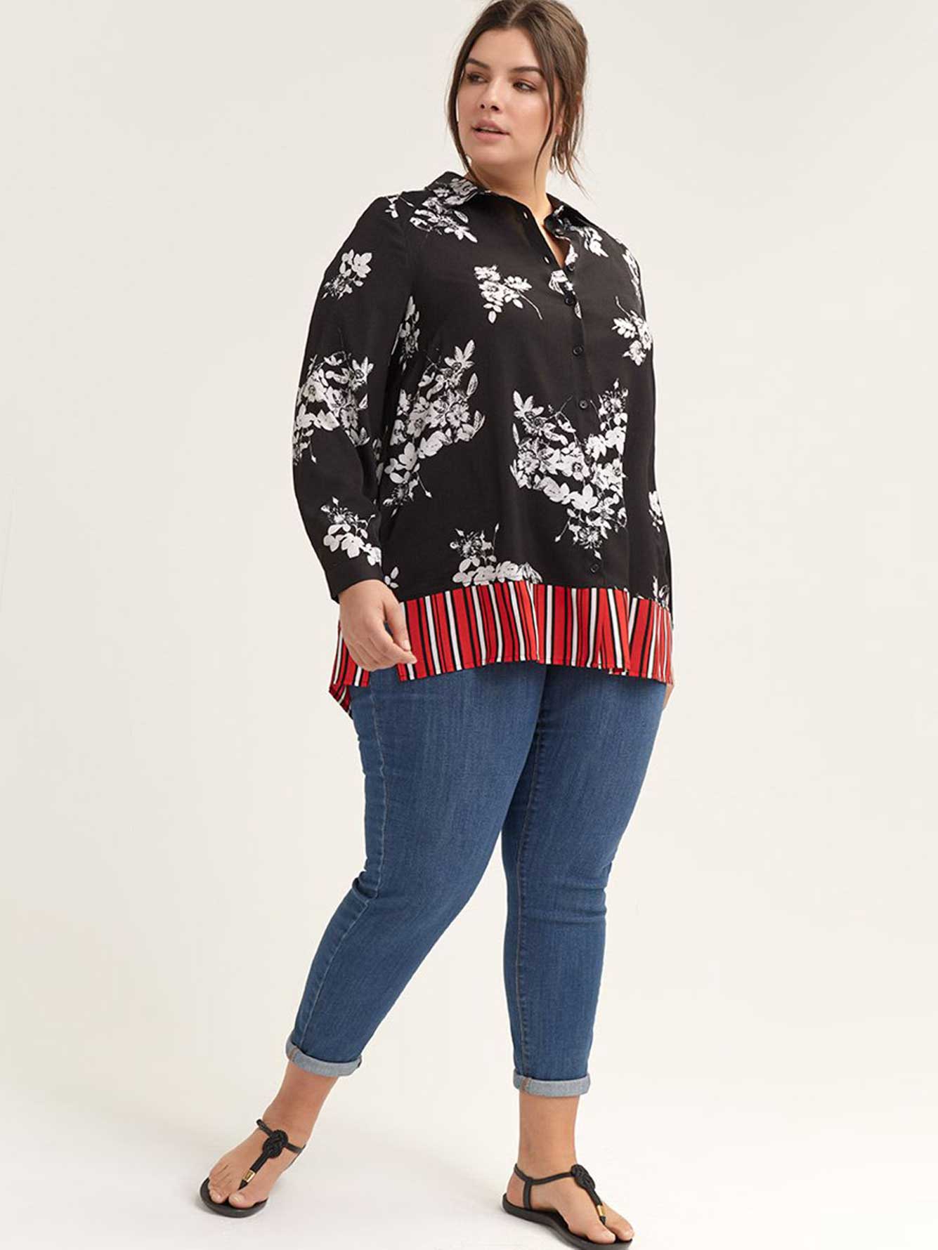 Floral ButtonDown Blouse with Contrasting Stripes In Every Story