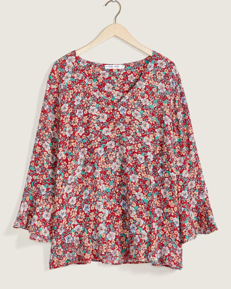 Printed V-Neck Blouse With Ruffles - In Every Story