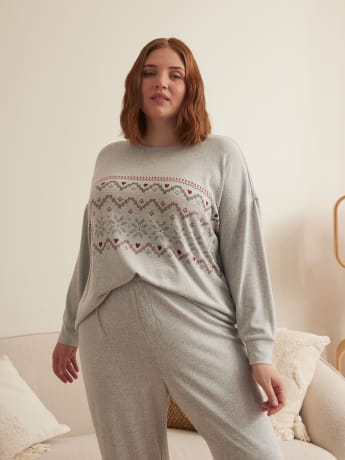 Long-Sleeve Knit Pyjama Top with Fair Isle Front Print - ti Voglio