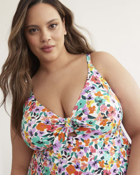 Floral Knotted V-Neck Swimdress with Peekaboo