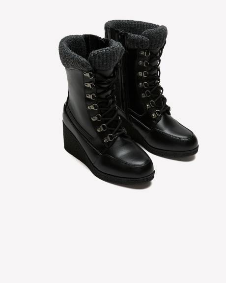 Extra Wide Width, Black Wedge Lace-Up Winter Boot with Knit Collar