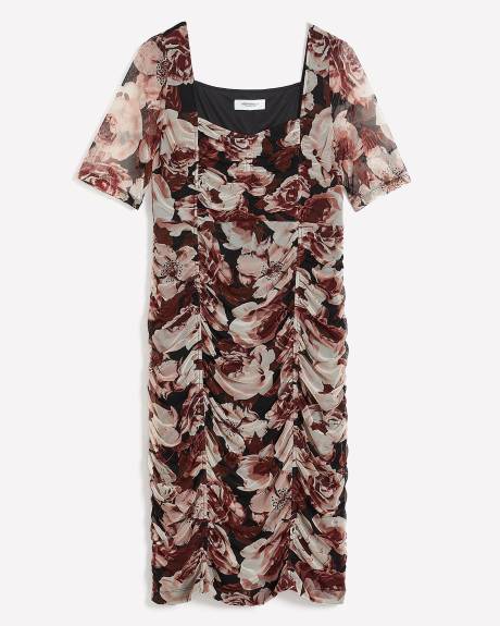 Floral Mesh Knit Bodycon Shirring Dress - Addition Elle