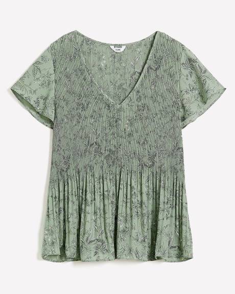 Responsible, Pleated V-Neck Blouse with Short Flutter Sleeves