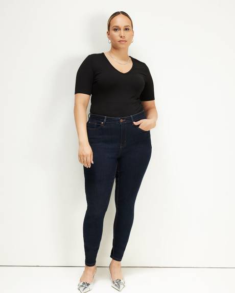 Black Textured Elbow-Sleeve Deep V-Neck Tee - Addition Elle