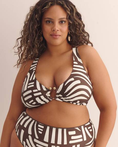 Printed Plunging Bikini Top with Ring