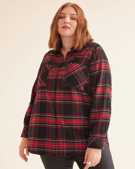 Plaid Flannel Shirt with Rolled-Up Sleeves