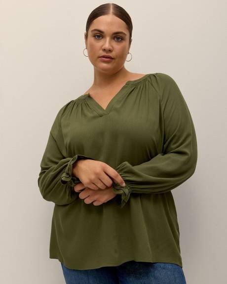 Long-Sleeve A-Line Blouse with Split Neckline