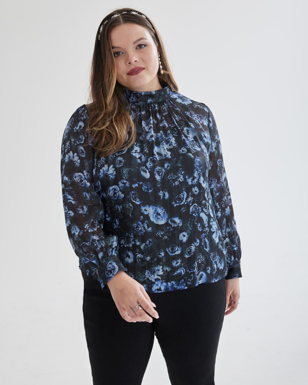 Printed Long-Sleeve Blouse with Mock Neck - Addition Elle