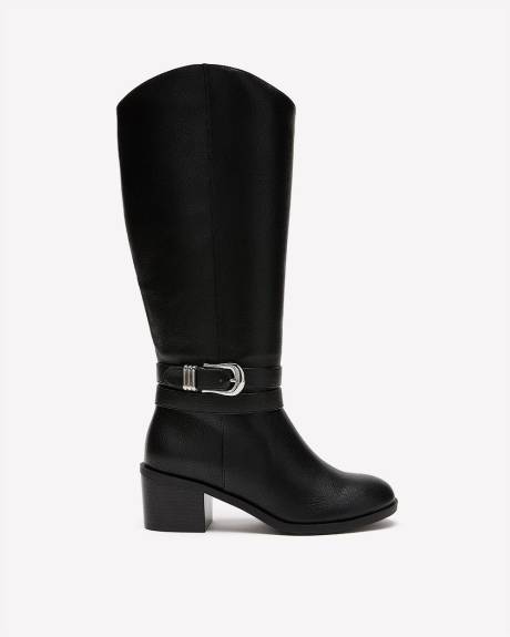 Extra Wide Width and Wide Calf, Tall Black Block-Heel Boot with Double Wrap Strap