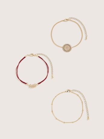 Golden Bracelets with Red Cord, Set of 3