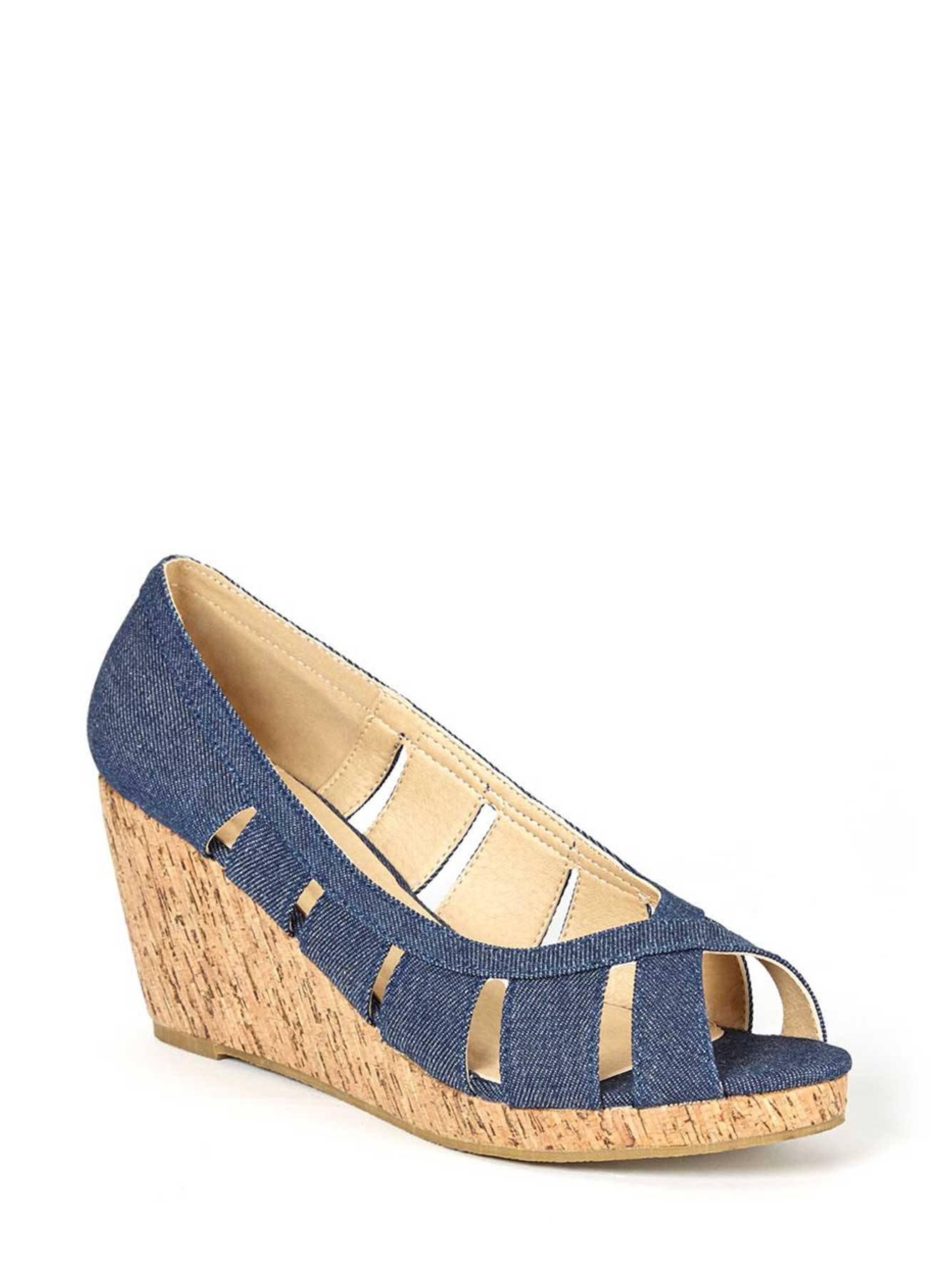 Wide-Width Open Toe Denim Wedge Shoes | Penningtons