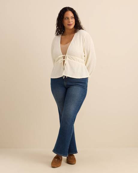 Textured Front-Tie Long-Sleeve Top